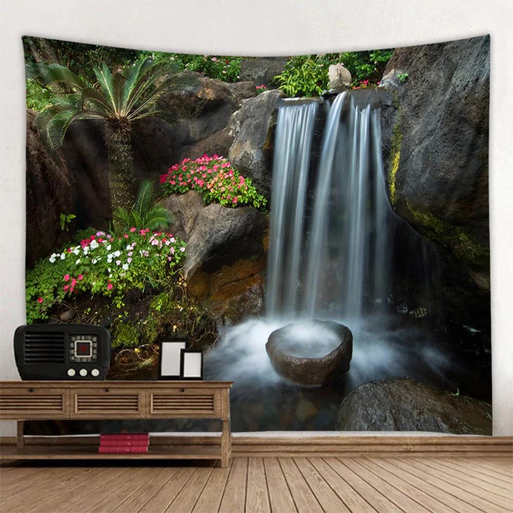 Tropical Jungle Waterfall Landscape Tapestry - Green Plants Nature Forest Design for Home Living Room Garden Wall Decor