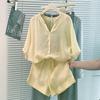 Women's Beaded Cotton-Linen Casual Suit: Short-Sleeve Shirt & Versatile Shorts