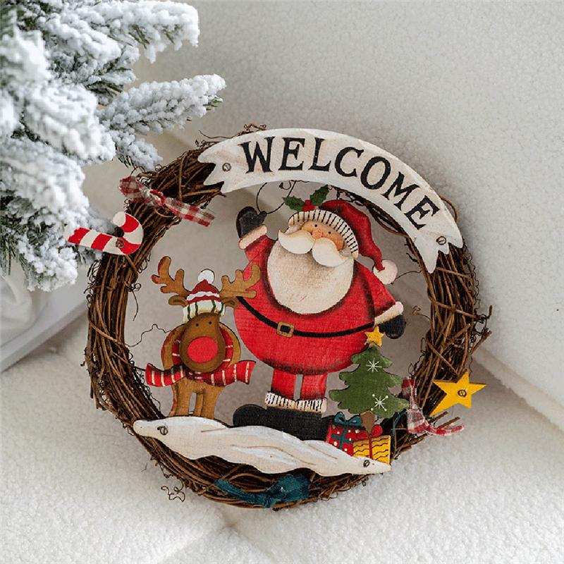 AEE2-Christmas Decoration Props Wreath Holiday Decorations Welcome Doorplate Door Hanging Wall Hanging