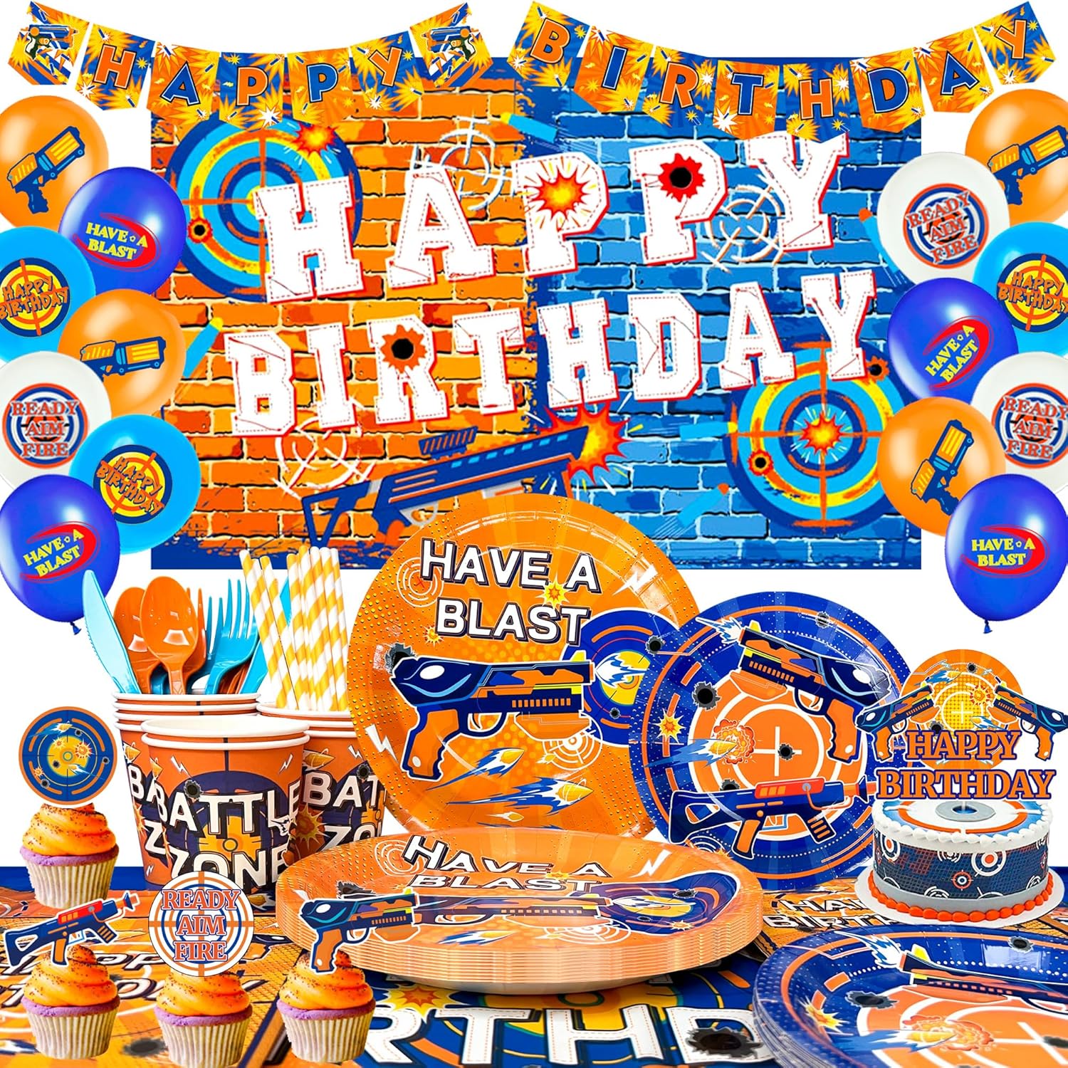Dart Birthday Party Supplies,170pcs Dart War Party Decorations Tableware Set Dart War Plates Cups Napkins Tablecloth Banner Balloon Backdrop Cake