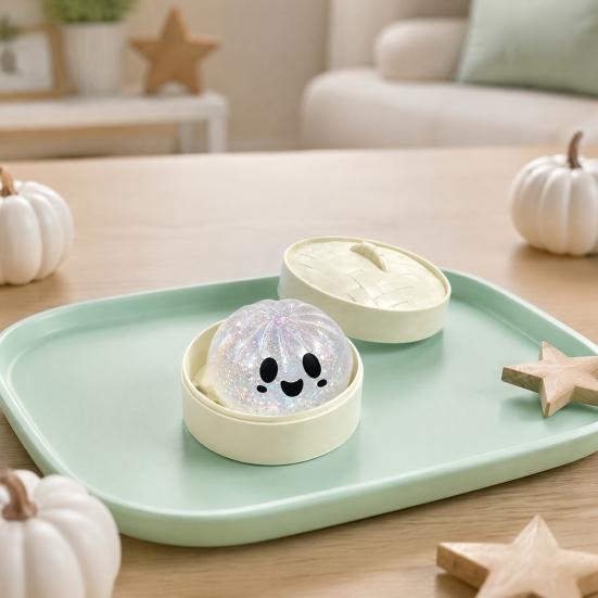 Steamed Bun Stress Relief Toy 1/4/5Pcs Halloween Dumpling Squeeze with Steamer Box Cartoon Glitter Portable Relievers Toy Ball Fidget for