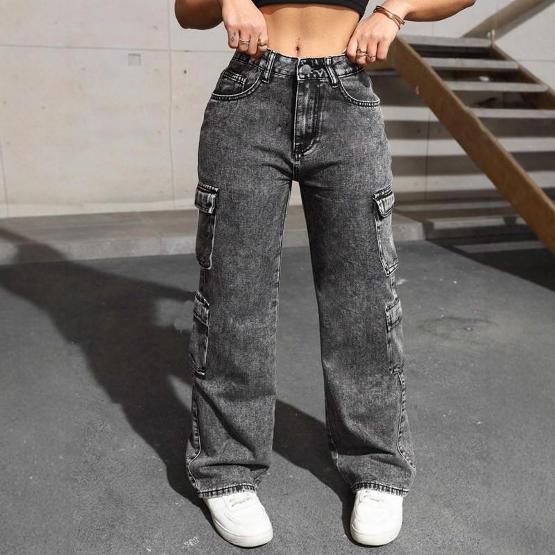 

Teenagers Washed Irregular Jeans Women s Multi-pocket Overalls L темно-сірий