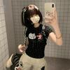 Design Sense Polka Dot Cartoon Cat Print Front Shoulder Short Sleeve T-Shirt Women's Summer New Slim Skinny Good-looking Top