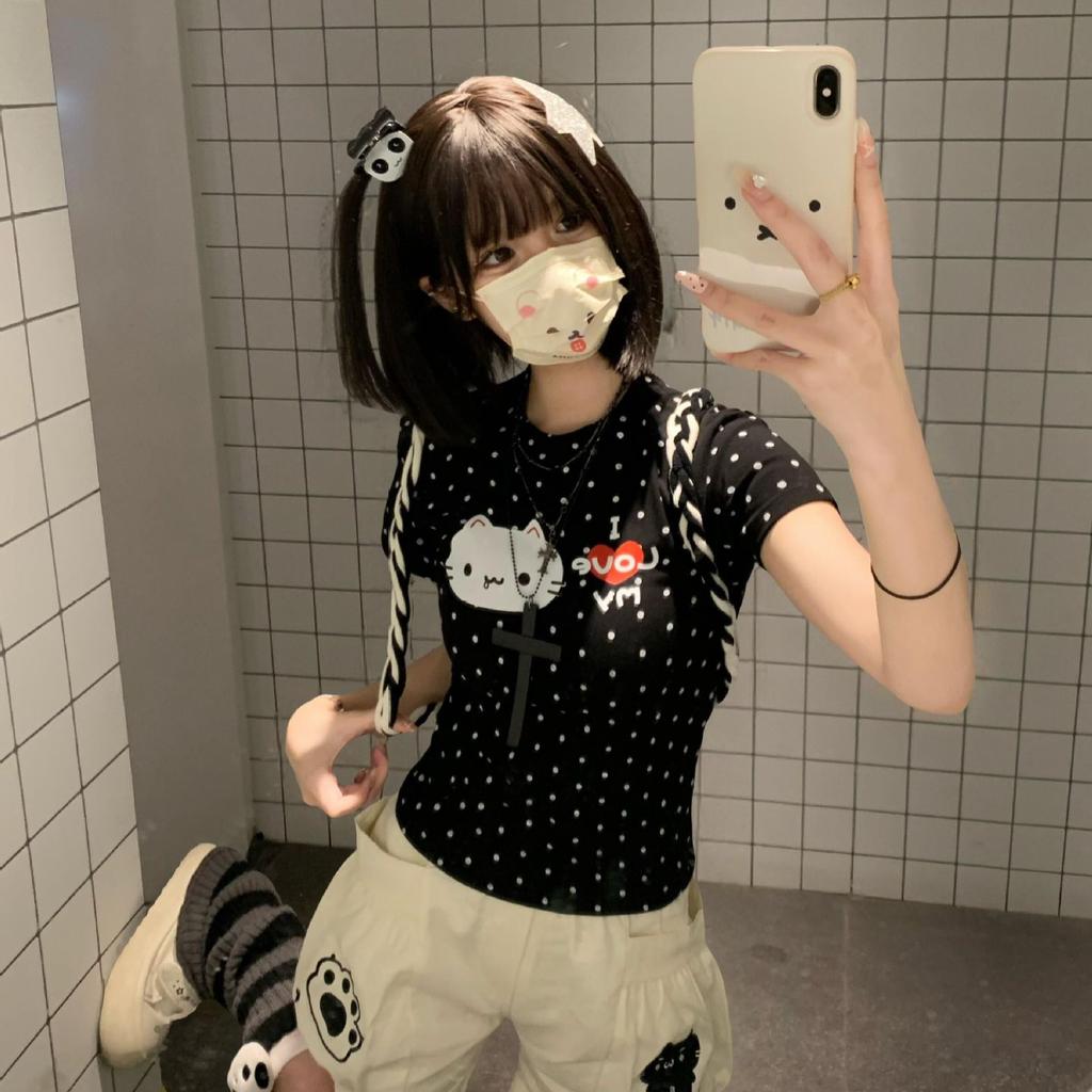 Design Sense Polka Dot Cartoon Cat Print Front Shoulder Short Sleeve T-Shirt Women's Summer New Slim Skinny Good-looking Top