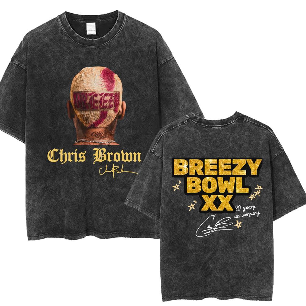 Chris Brown Breezy Bowl XX Concert Tour Washed T Shirts Vintage Hip Hop Gothic T Shirt Mens Oversized Cotton Tshirt Streetwear