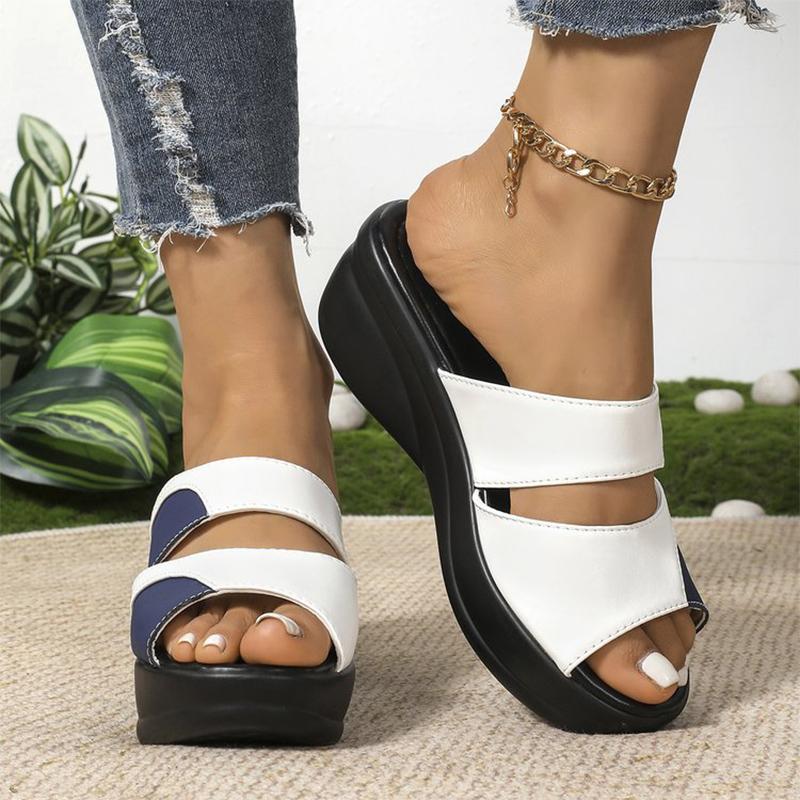 Fashion Summer Leather Wedge Slippers for Women 2025 Non-Slip Mixed Color Platform Woman Slides Soft Bottom Plus Size Women Slippers