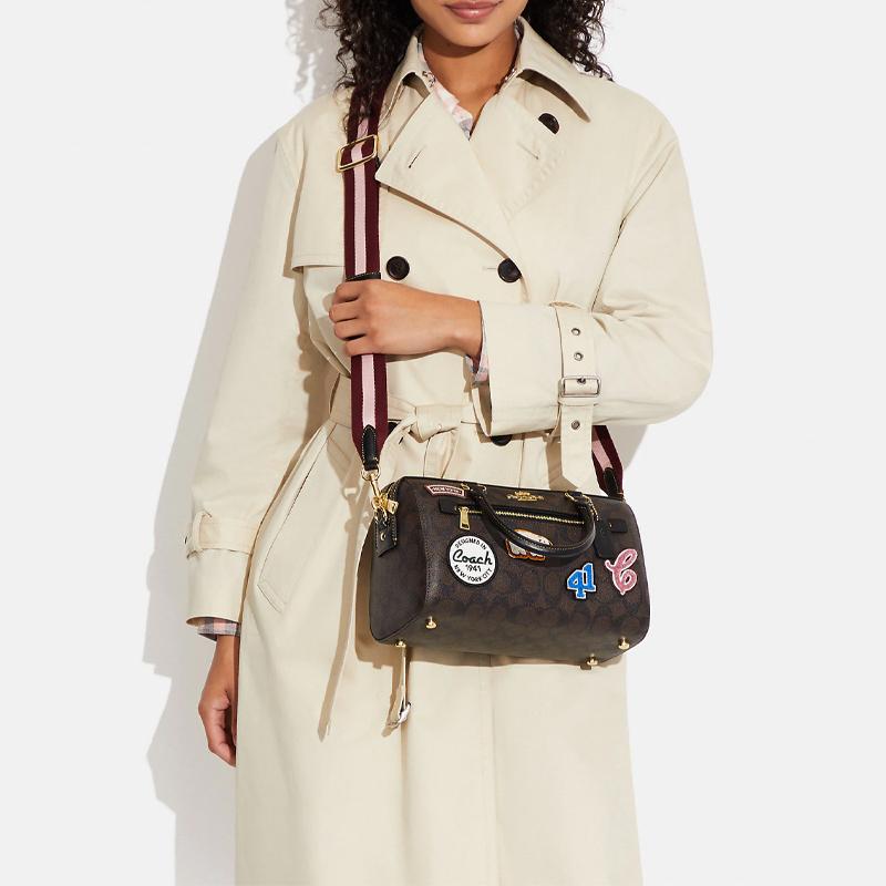 Coach Rowan 27 Classic Monogram Zip Closure Ski Patch Decor Canvas And Leather Shoulder Crossbody Tote Bag Large Women handbags Dark-Brown CE592-IMOSN