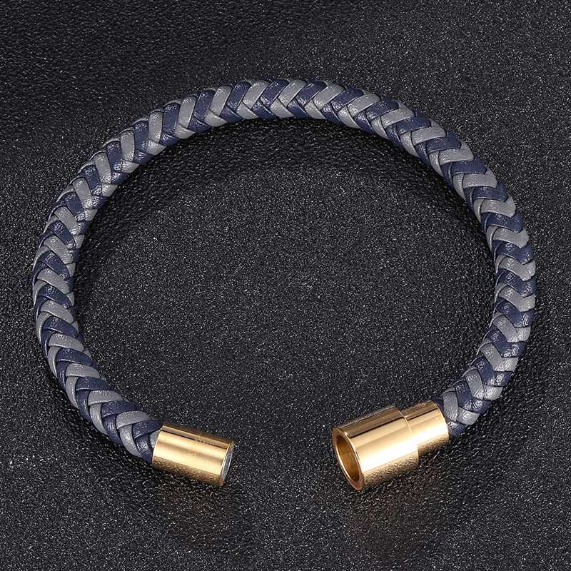 Trend Mens Bracelet Gray Blue Braided Leather Bracelets For Men Stainless Steel Clasp Jewelry