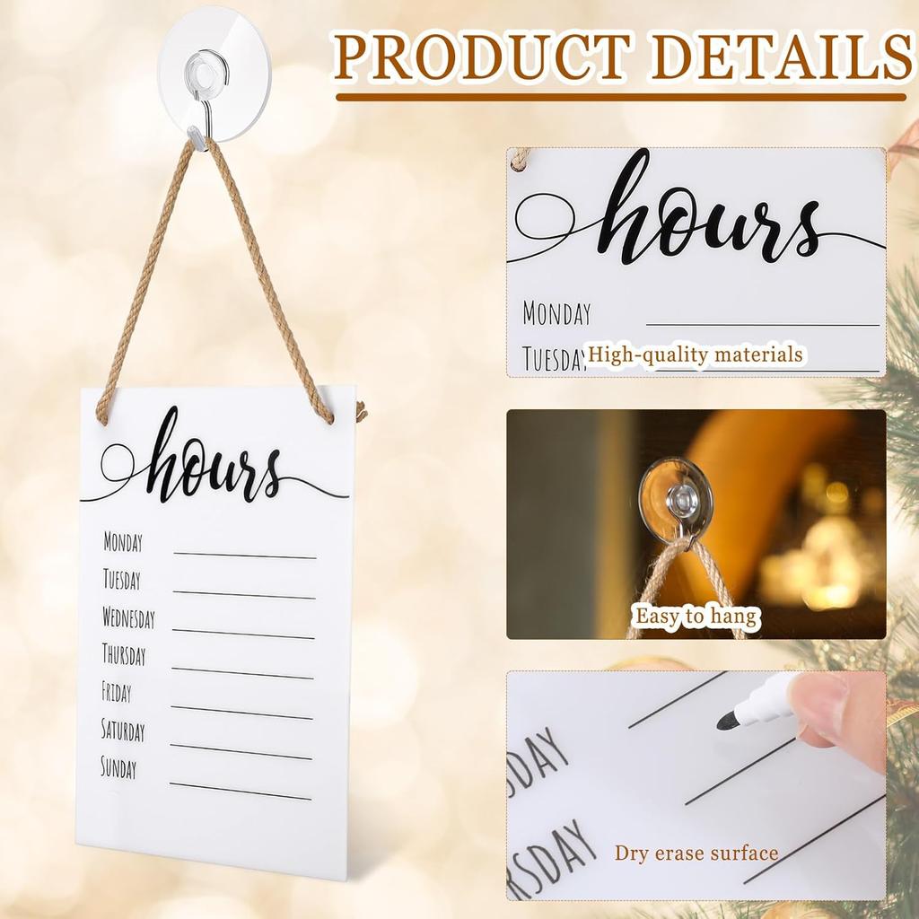 3 Pcs Dry Erase Store Hours Sign Set Include 8 x 10 Inch Erasable Business Hours Sign with Rope Dry Erase Maker and Suction Cup for Office Cafe