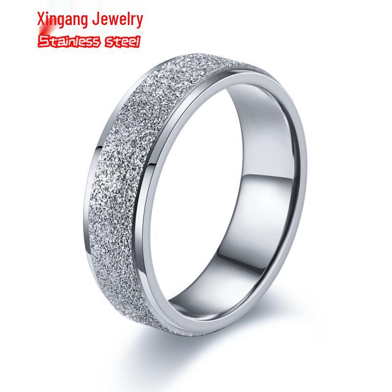 Minimalist European-American Stainless Steel Pearl Diamond Sandblast Ring - Non-Fading, Elegant Design for Couples