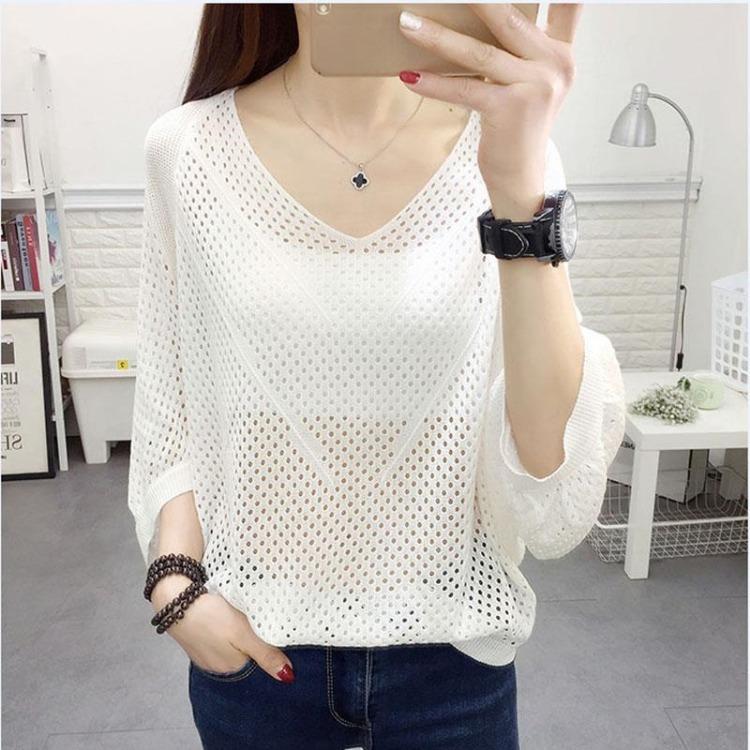 

Женский сетчатый трикотажный свитер Ice Silk с V-образным вырезом и свободным топом, стильный новый летний наряд 3XL белый