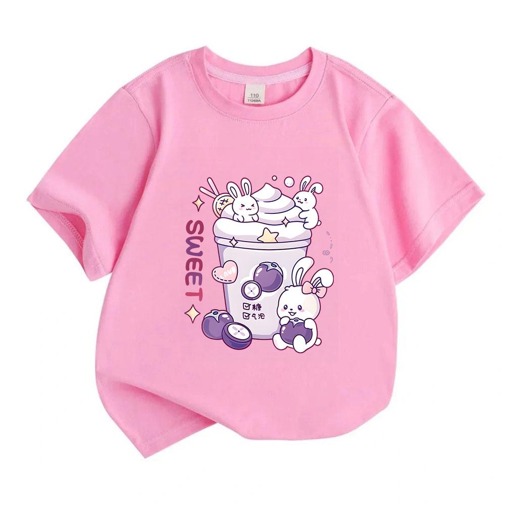 Cartoon Cute White Bunnies Purple Mangosteen Sweet Print Kids 100% Cotton Crew Neck Short Sleeve T-Shirt, Casual Soft Breathable Tee for Boys Girls Da