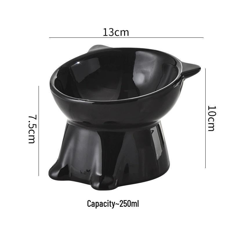 Anti-Tip Cat Food Bowl: Black Ceramic, High Footed, Neck Protection, Slanted for Easy Drinking, Pet-Proof Design.