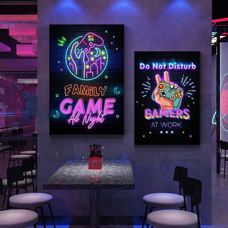 Neon Style Art Retro 80S Gaming Qoutes Posters on The Wall Gamer Gamepad Canvas Painting Boy Game Room Decoration