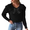 Women's Short Large Collar Butterfly Knot Splicing Pullover Sweater Top