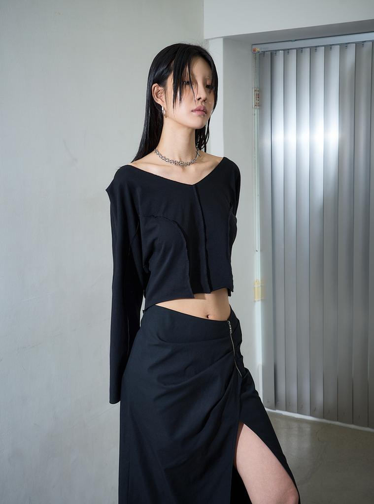 Nogtabeu Zipper Slim Long Skirt Black