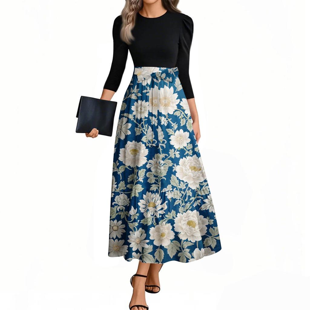 Damskie modne codzienne sukienki z paskiem, z rękawem trzy czwarte, z okrągłym dekoltem, z kwiatowym nadrukiem, eleganckie, z temperamentem