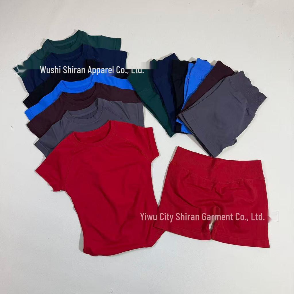 Damen nahtloses kurzärmeliges Sportset mit hoher Elastizität und atmungsaktivem schweißableitendem T-Shirt