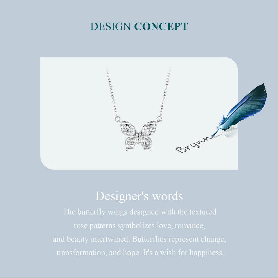BAMOER 925 Sterling Silver Rose Butterfly Necklace Romantic Love Necklace Plated White Gold for Women Fine Jewelry