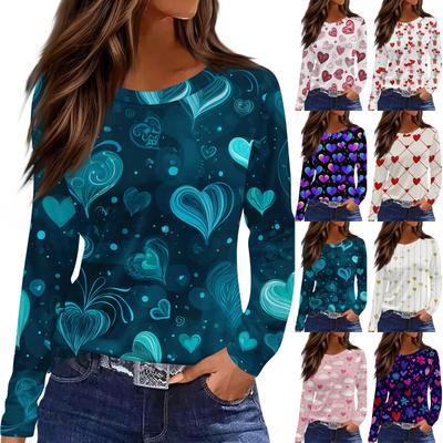 Women's Fashionable Long-Sleeved Round Neck Top with Slit Hem and Valentine's Day Heart Print