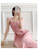 Women's French Retro Off-Shoulder Pink Tie-Dye Camisole Dress for Summer Vacations