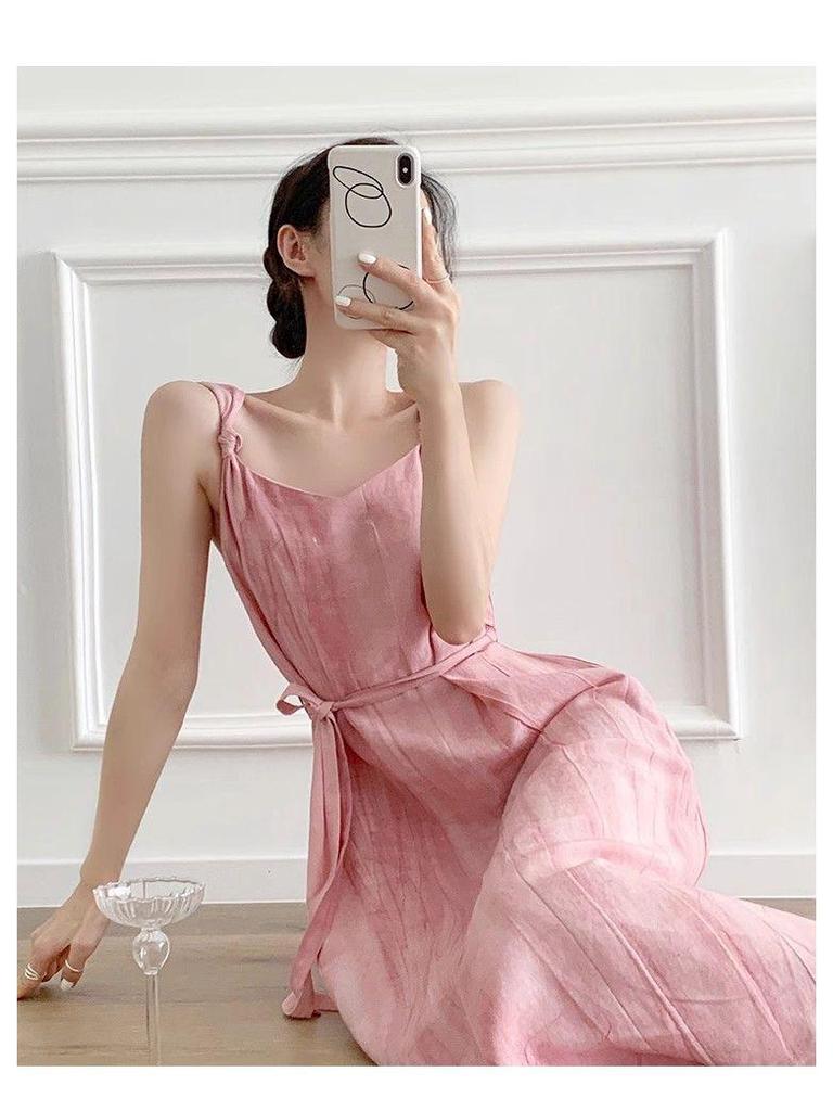Women's French Retro Off-Shoulder Pink Tie-Dye Camisole Dress for Summer Vacations