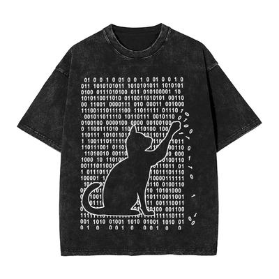 Magliette da uomo con gatto divertente che gioca con codice binario Maglietta fantastica 100% cotone Maglietta a maniche corte Abbigliamento stampato