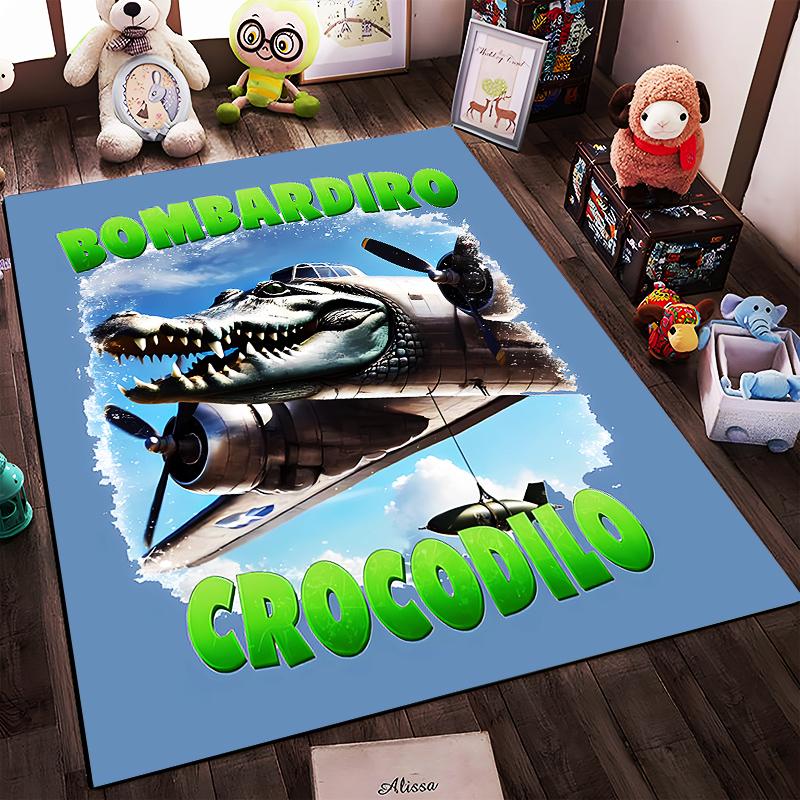 Airplane Crocodile Design Carpet with "Bombardiro Crocodilo" Text On Blue Background Suitable for Use As an Anti-slip1 For1room and Bedroom Sofas