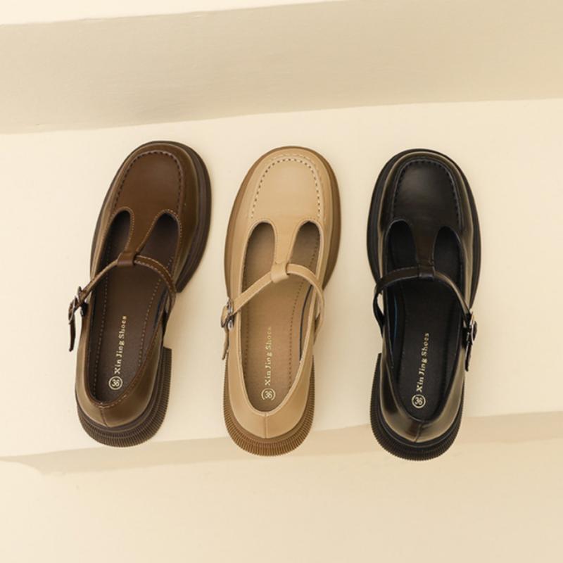 Zapatos Casuales de Cuero de Boca Baja y Tacón Medio con Suela Gruesa para Mujer