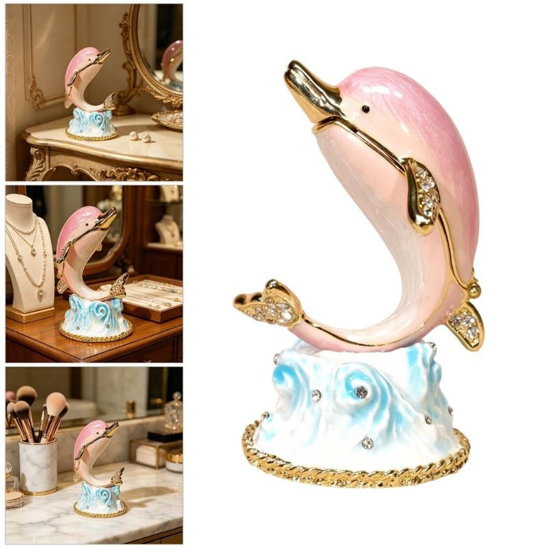 Elegante Delfinform Schmuckschatulle Handgefertigtes Heimdekorations-Ornament Legierungstextur Geeignet für Ringe Halsketten Aufbewahrung