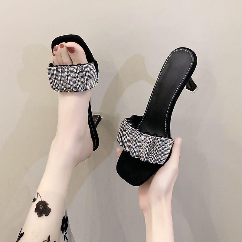 Versatile Square Head Open-toed Cool Slippers Women's 2025 Summer New Thin Heel with Skirt Elegant Rhinestone with High Heel