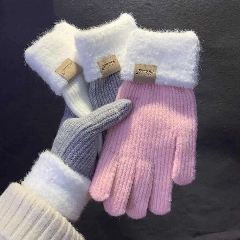 Warm Knitted Gloves Knitted Yarn Women Winter Dew Two Fingers Touchable Screen Cute Thickened Warmth Autumn and Winter Cycling Cold Resistant Gloves
