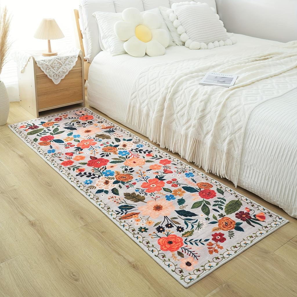 Premium Floral Bedroom Runner Rug, Soft Machine Washable Kitchen Mat - Non-Slip Indoor Doormat for Entryway, Laundry, Bathroom, Kitchen & Living Room