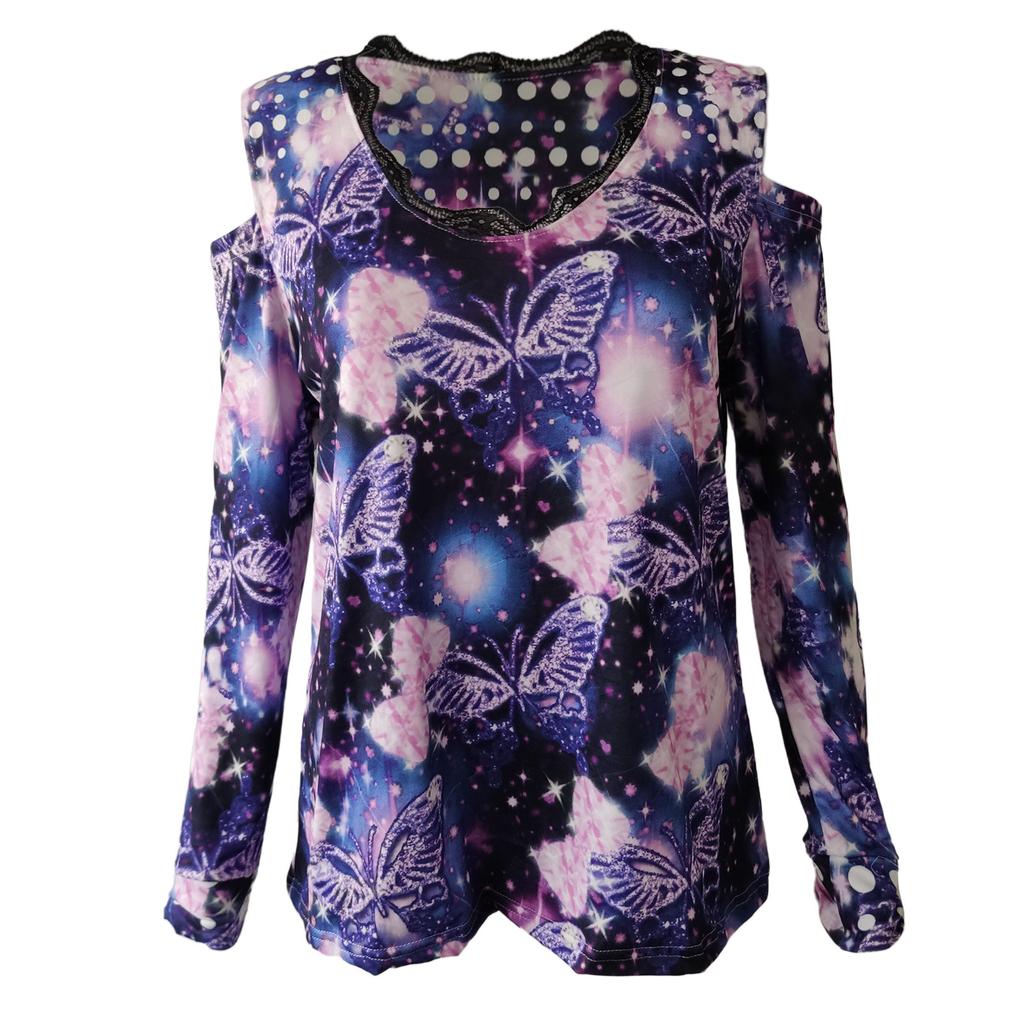 Women's Long Sleeve Sexy Floral Printed V-neck Lace Strapless T-shirt Blouse Top