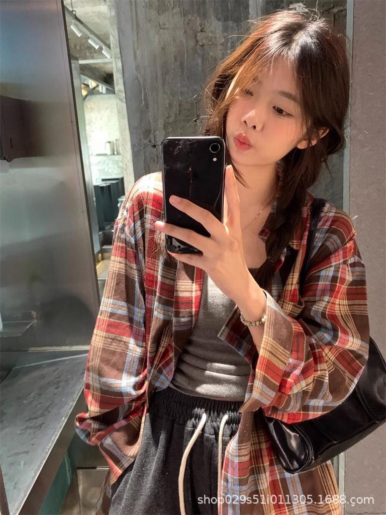 Women's American Design Retro Plaid Shirt Jacket - Loose Casual Spring Long Sleeve Top