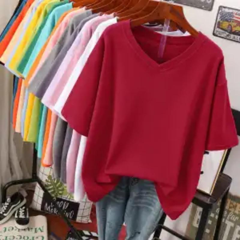 T-shirt da donna a tinta unita con scollo a V, manica corta larga