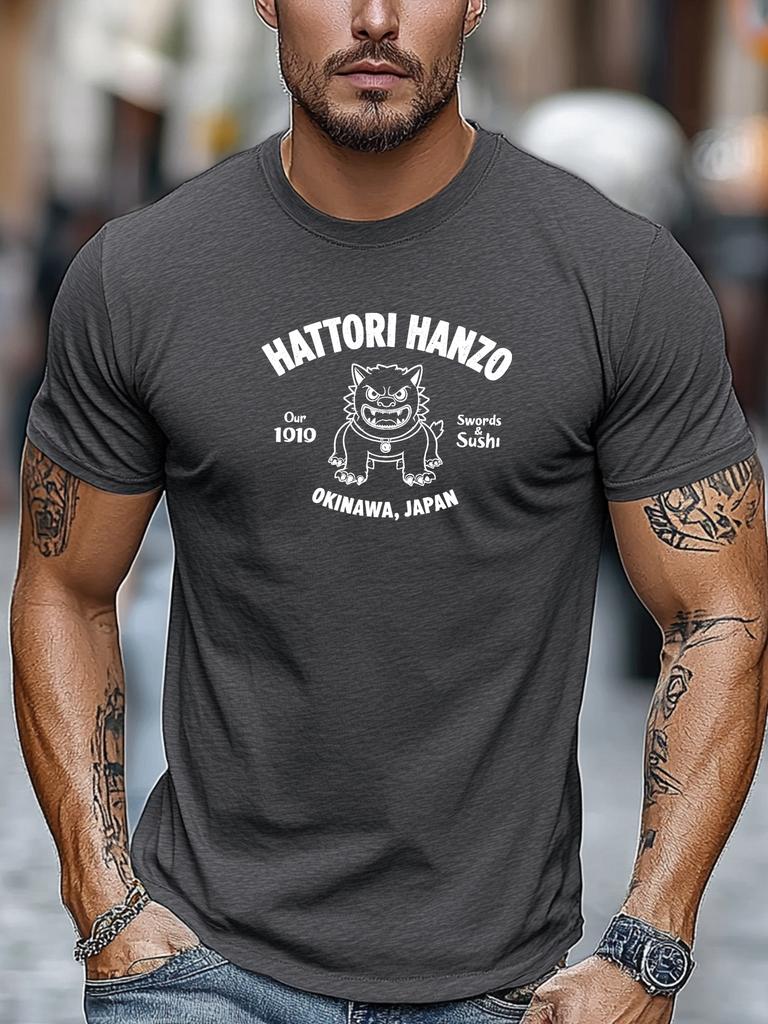 Unisex Black Crew Neck Tee Vintage Hattori Hanzo Okinawa Japan Lion Guardian Swords And Sushi Retro Print Soft Cotton Male Tops