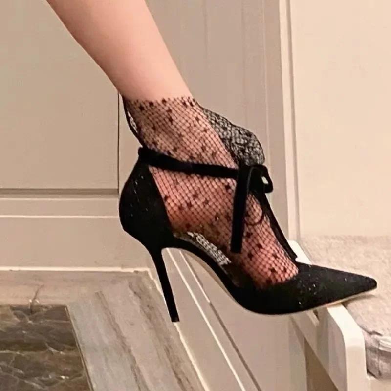 Fashion 2025 Breathable lace mesh high heels for women's new summer internet celebrity sandals pointed toe thin heel mesh Roman sandals