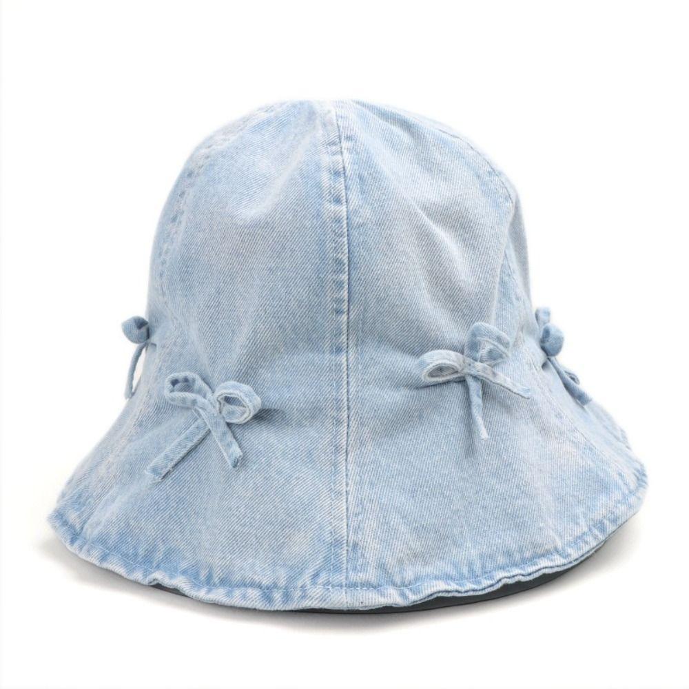 Korean Style Bow Fisherman Hat Sweet Sunscreen Hat Fashion Denim Bucket Hats  For Women