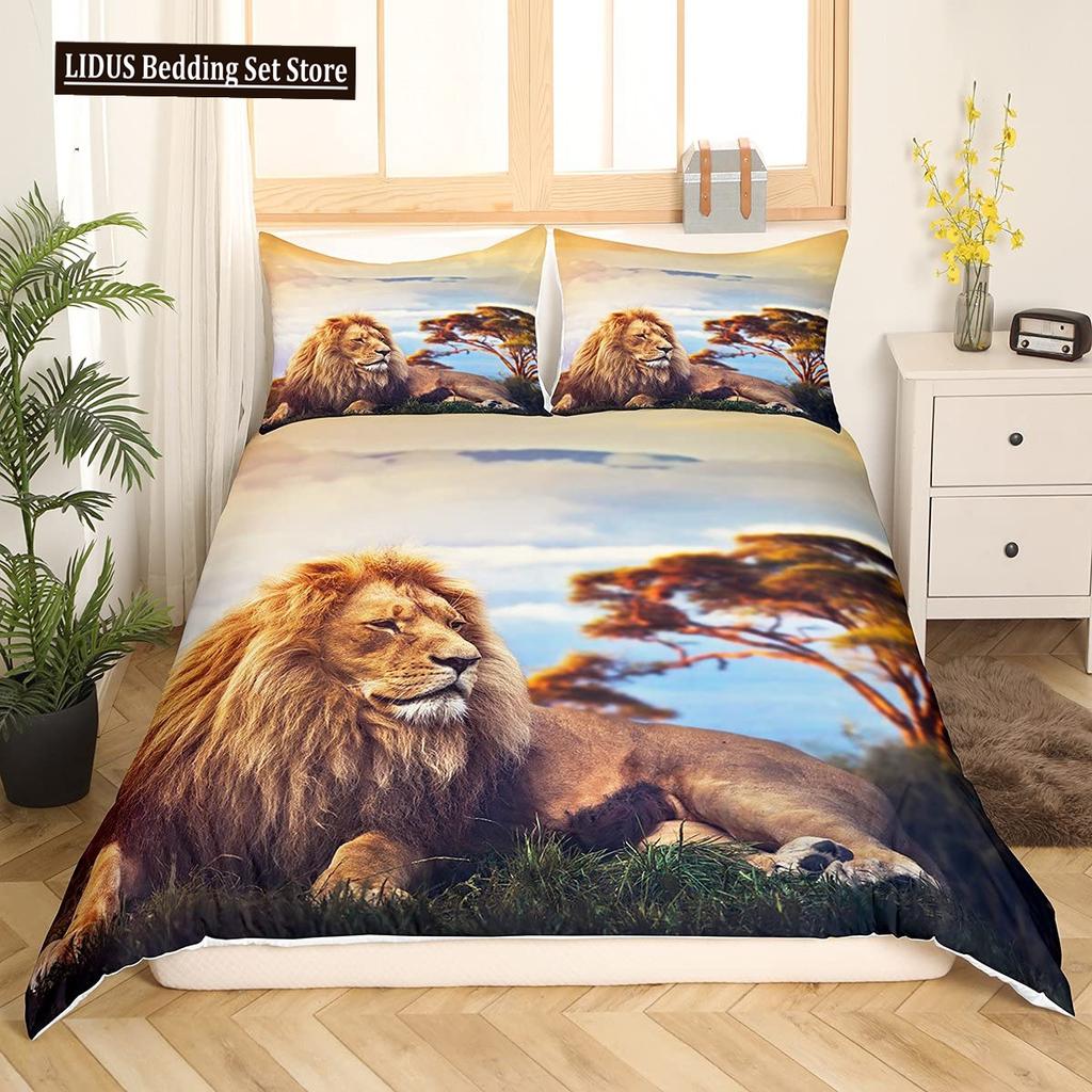 Lion Rose Duvet Cover Sets King Size Animal Floral Print Polyester Comforter Cover Nature Theme Bedding Set For Kids Adult Teens