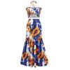 Women Bohemian Print Dress Cable Hanging Neck Top Hip Wrapped Fishtail Two Piece Set