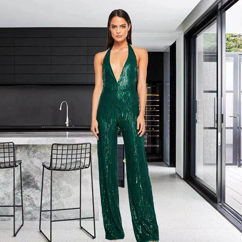 Combinaison Chic de Fête pour Femme à Col en V Profond, Sans Manches, à Sequins et Jambes Larges