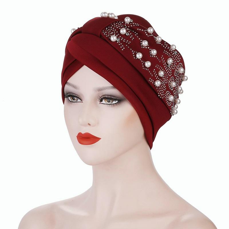 Women's Solid Color Hot Drilling Pearl Turban Hat Cap Head Hat Accessories