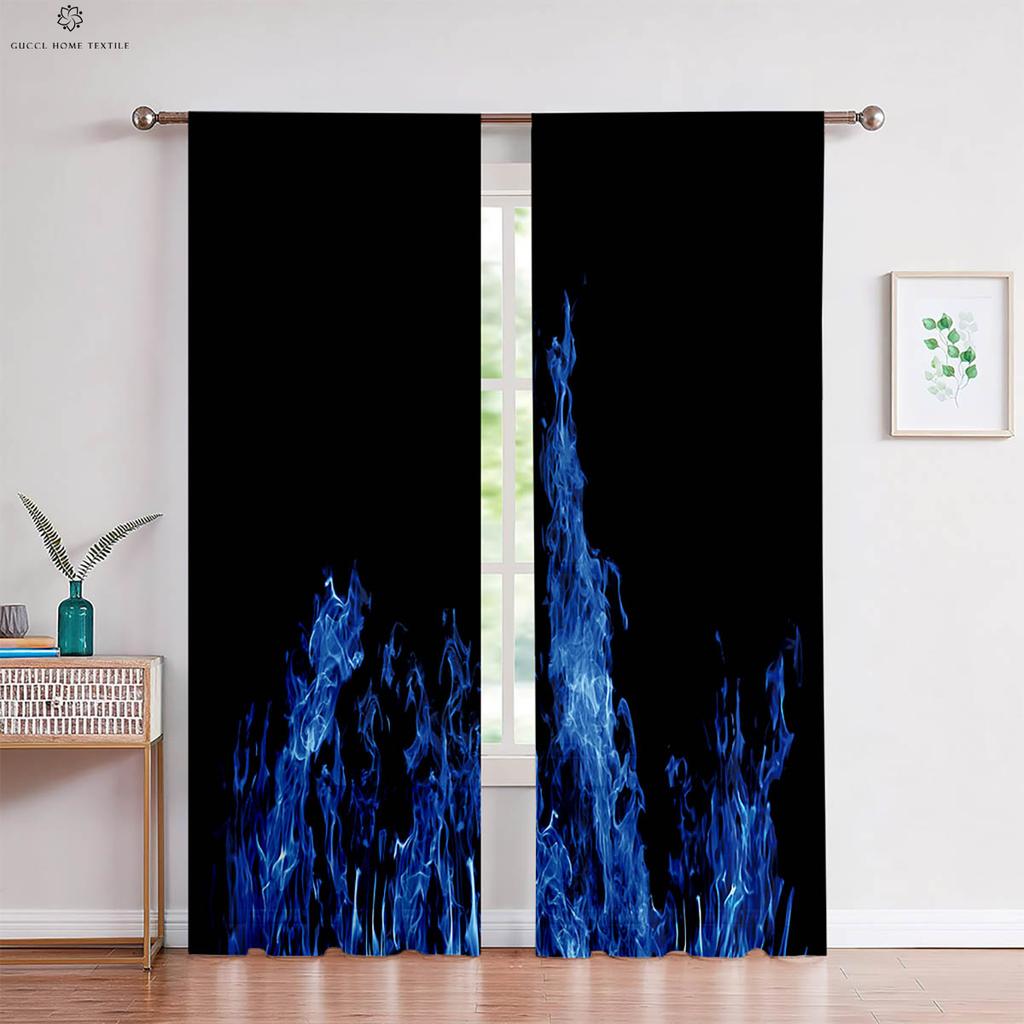 2pcs Water Flame Two Pole 3D Printing Curtain Polyester Fiber Machine Washable Bedroom Living Room Kitchen Decorative Curtain