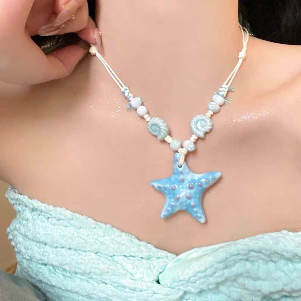 Contrast Color Blue Starfish Collarbone Chain Beads Exquisite Neck Pendant  Seaside Versatile