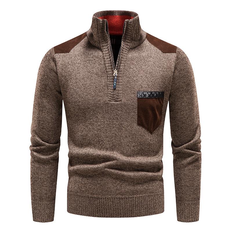 Men s Plus Velvet Thick Half-High Collar Knit Sweater - Solid Color Patchwork 2XL