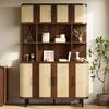 Haut placard, buffet avec façade en rotin, corps en MDF, 8 portes, poignée noire, pieds en fer, meuble de rangement au design moderne