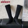 Fashion Fashion Flock Women Knee High Boots Heels Shoes With Height Increasing Ladies Long Modern Boots Female Slip On Shoes lady
