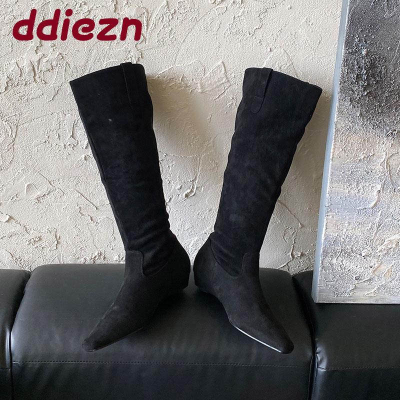 Fashion Fashion Flock Women Knee High Boots Heels Shoes With Height Increasing Ladies Long Modern Boots Female Slip On Shoes