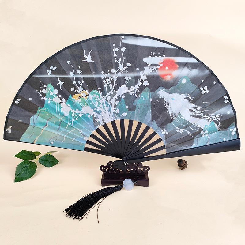 Ancient Style 8-Inch Folding Plastic Fan with Tassel for Men's Hanfu Dance